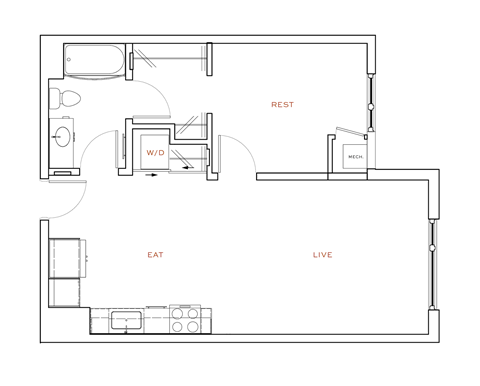 Floor plan for 1 bed, 1 bath, 655 sqft